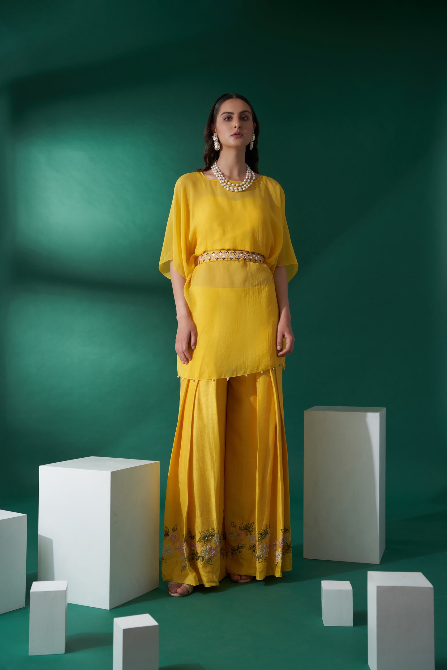 Yellow Organza Embroidered Kaftan Set