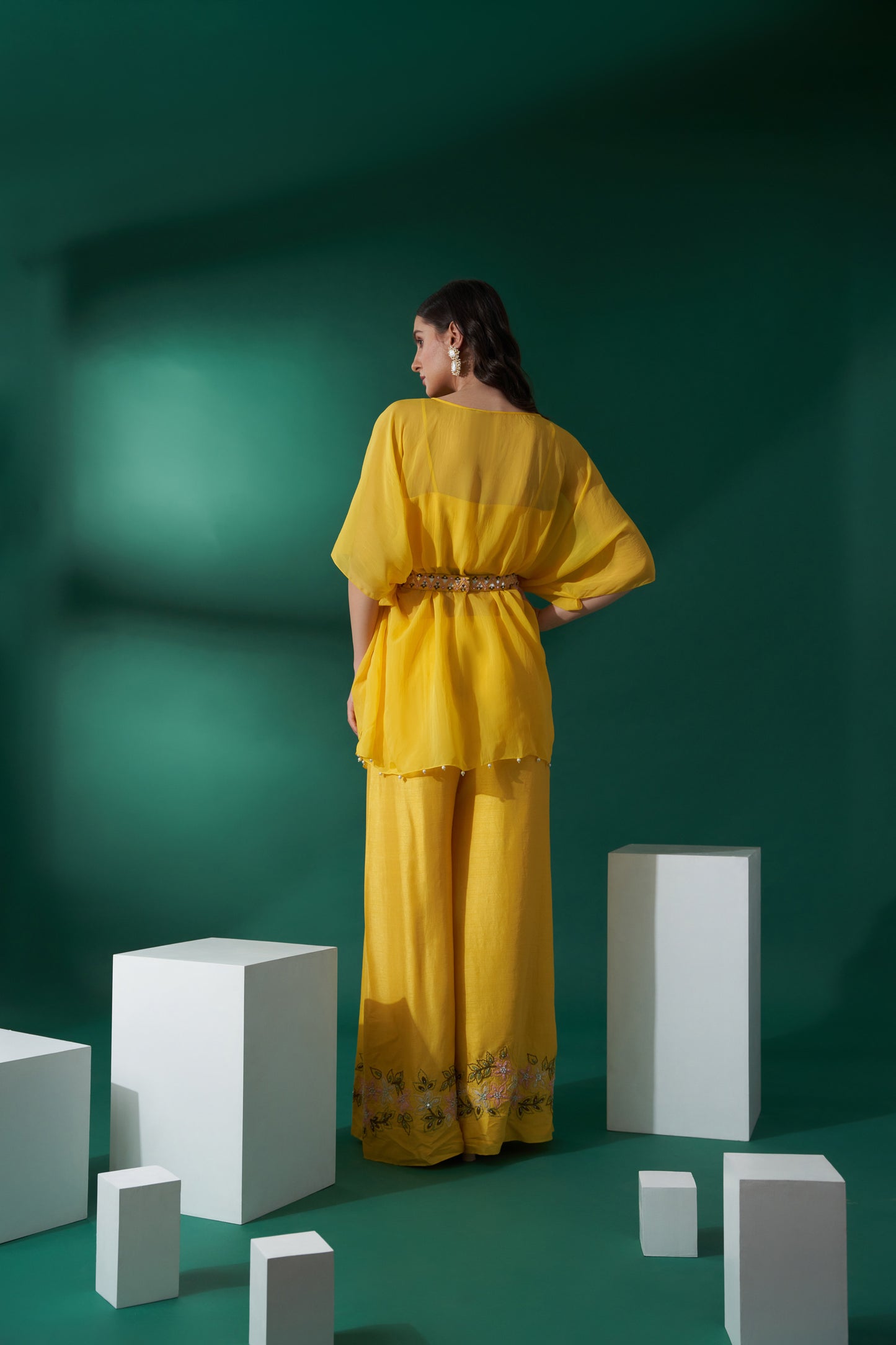 Yellow Organza Embroidered Kaftan Set