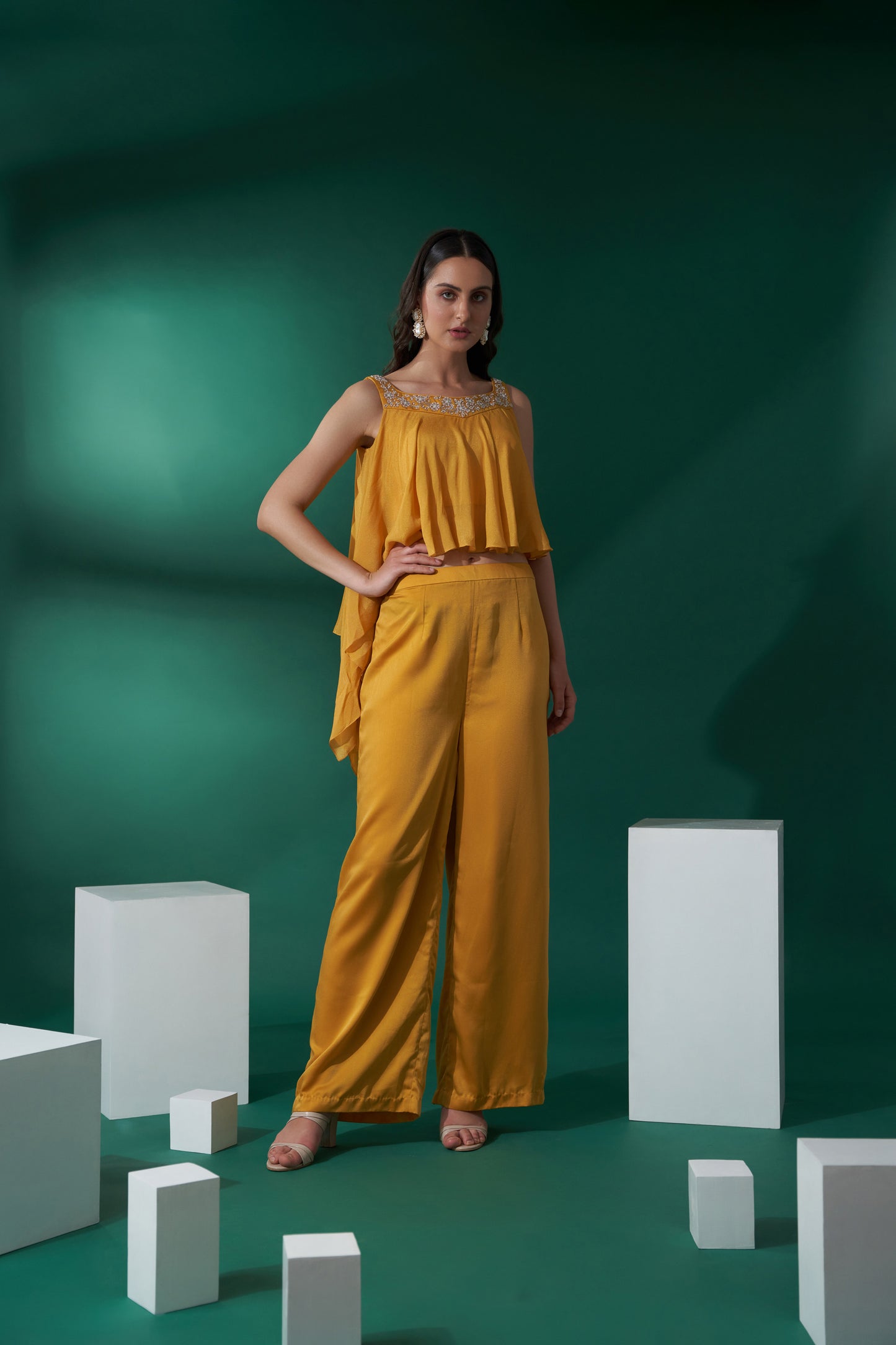 Mustard Yellow Crepe Pant Set