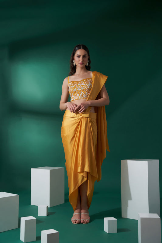 Mustard Yellow Embroidered Skirt Saree Set