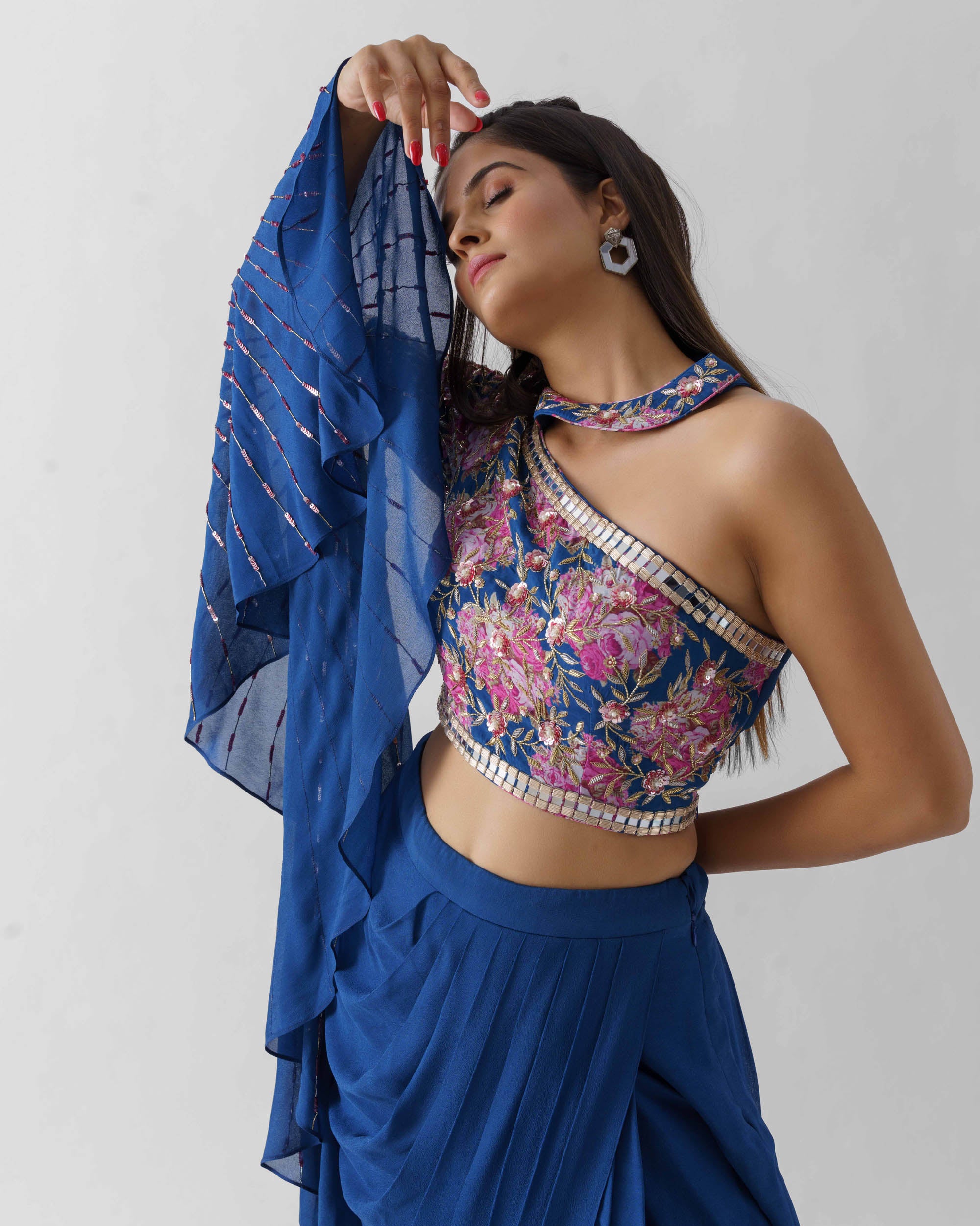 Royal Blue Pre-Draped Skirt Set