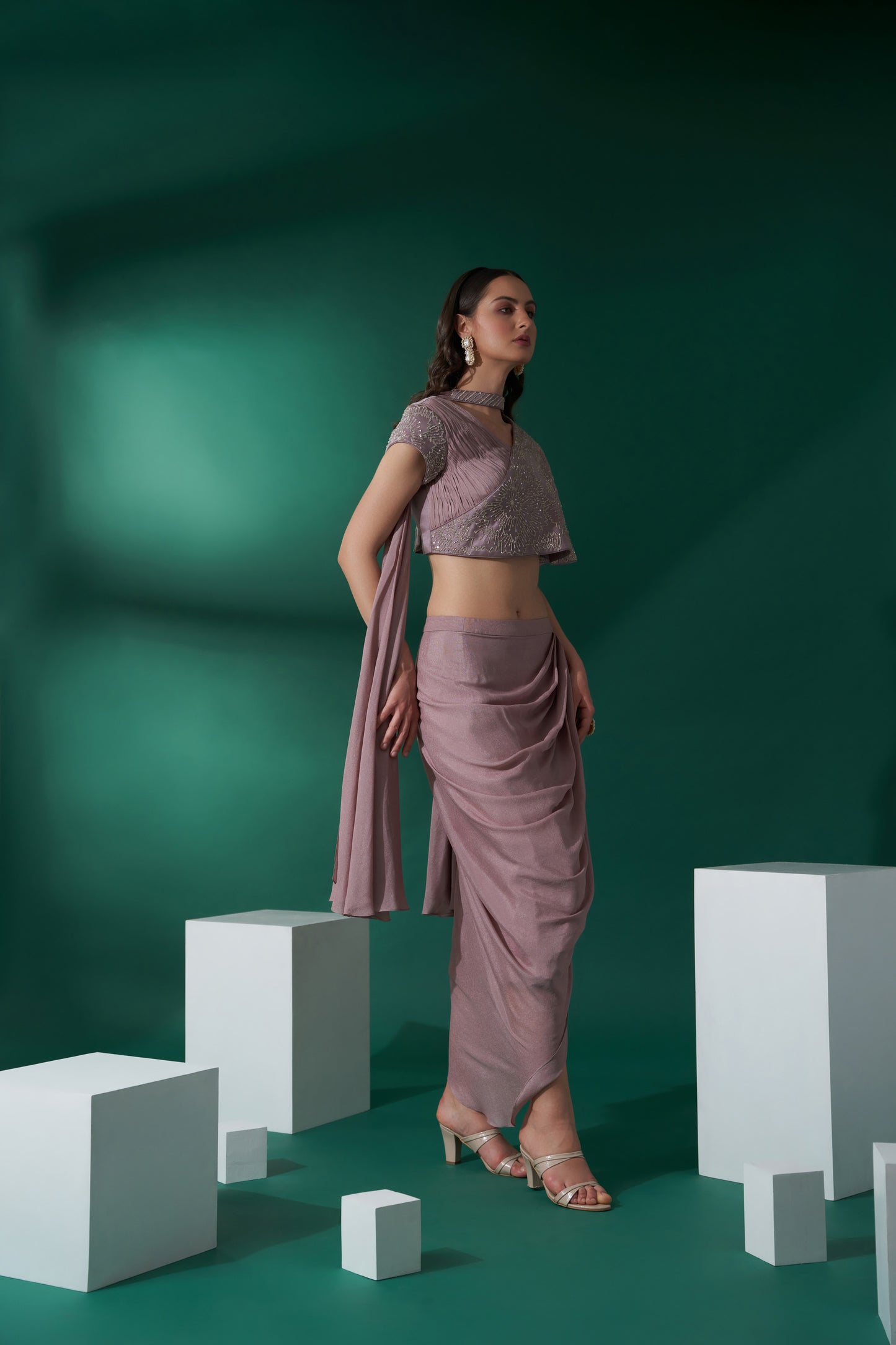 Nude Brown Satin Draped Skirt Set