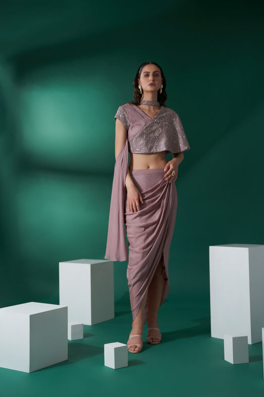 Nude Brown Satin Draped Skirt Set