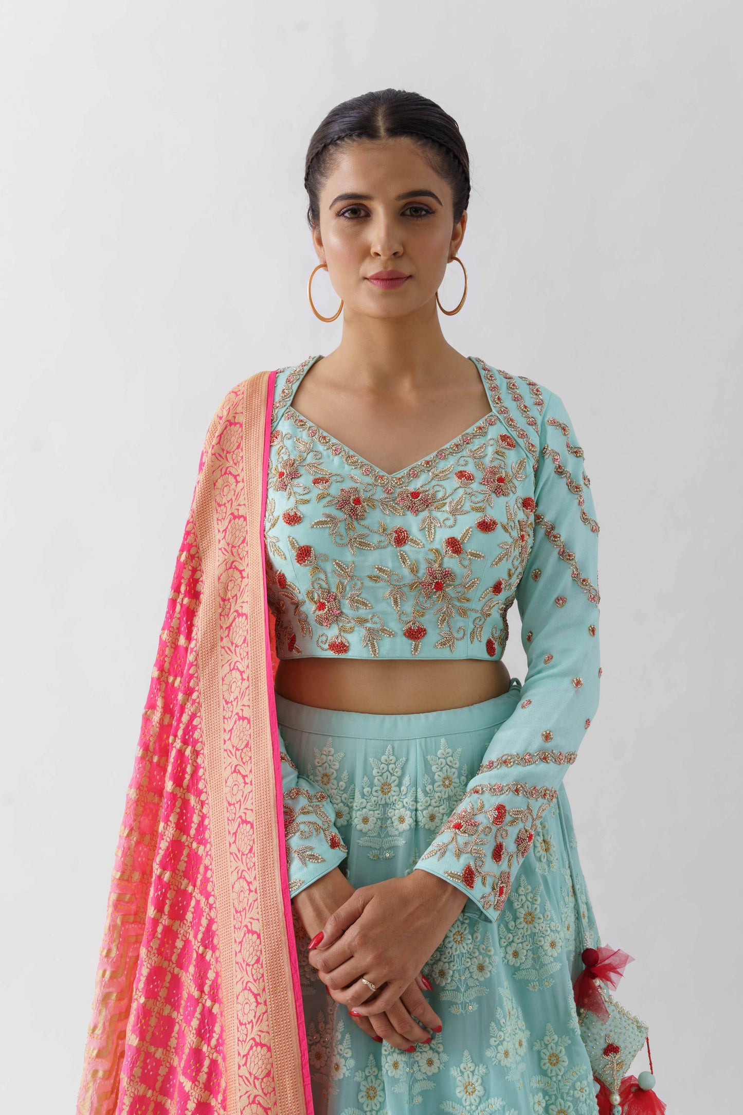 Powder Blue Thread Embroidered Lehenga Set