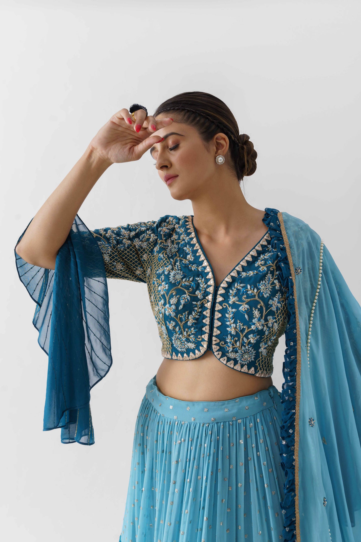 Blue Embroidered Layered Lehenga