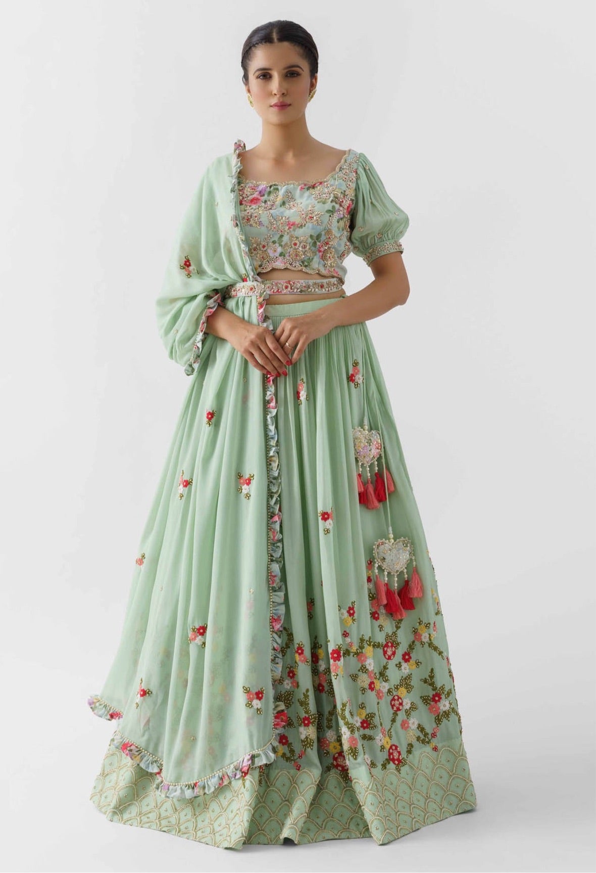 Sea Green Pearl Embroidered Lehenga Set