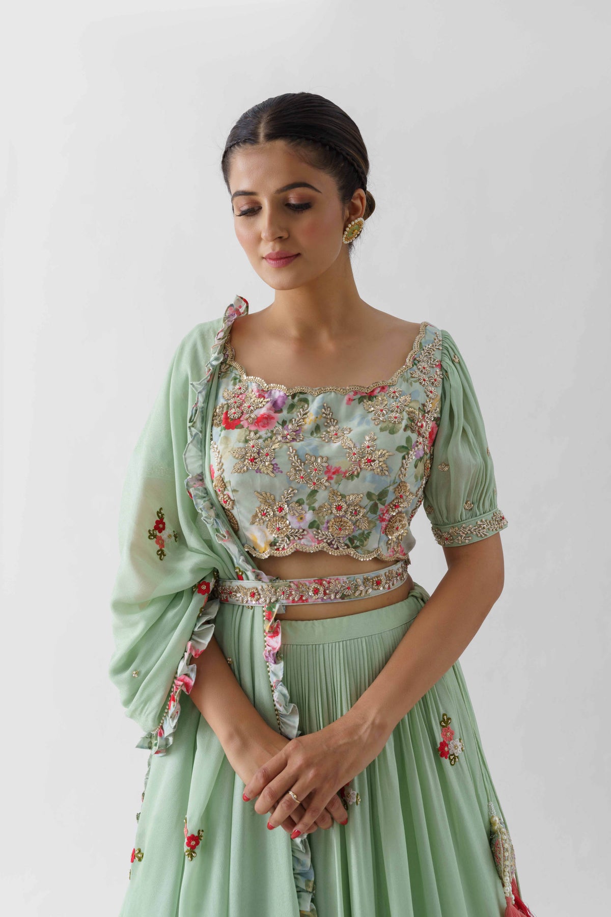 Sea Green Pearl Embroidered Lehenga Set