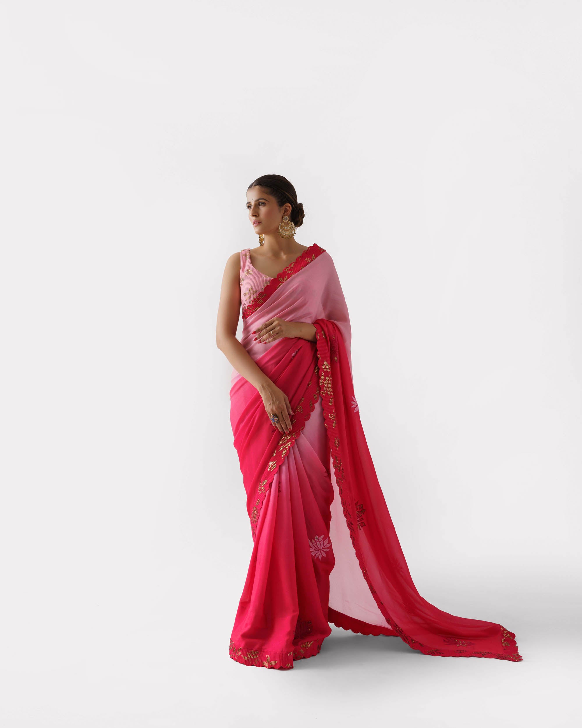 Red & Pink Ombre Embroidered Saree Set