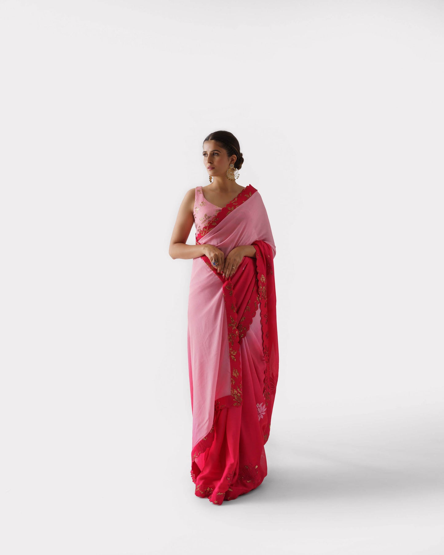 Red & Pink Ombre Embroidered Saree Set