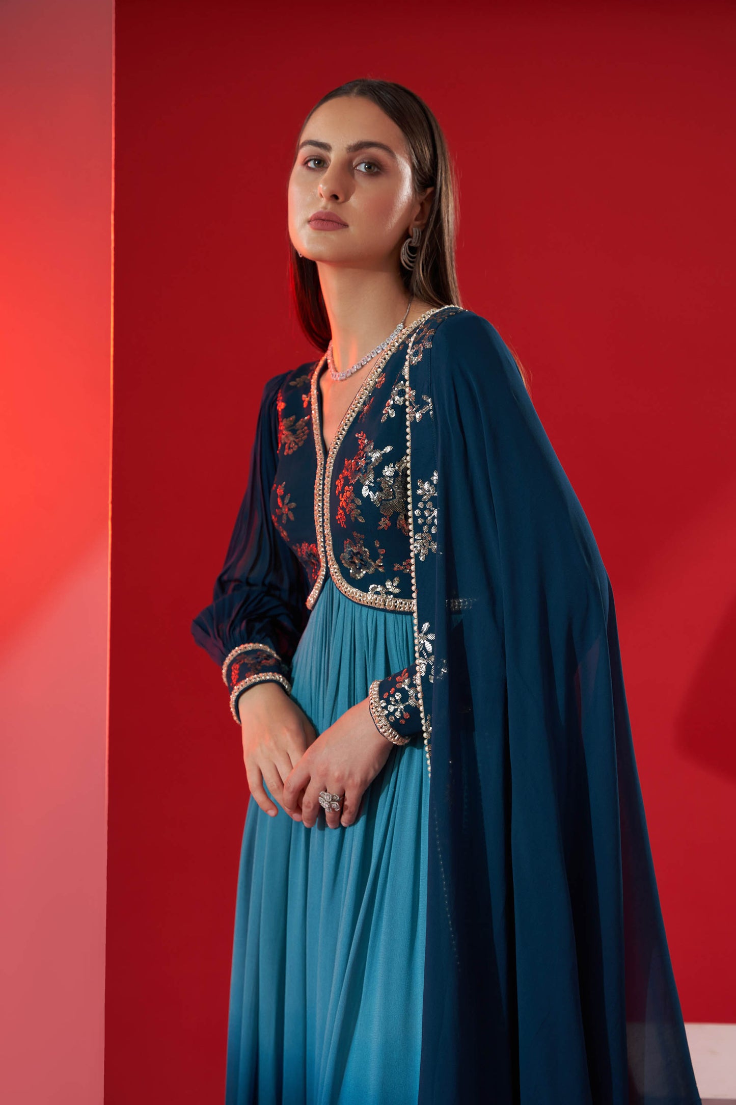 Teal Embroidered Anarkali Set