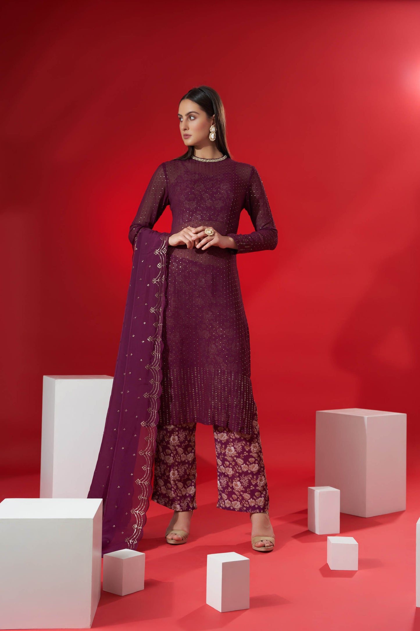 Wine Embroidered Kurta Set