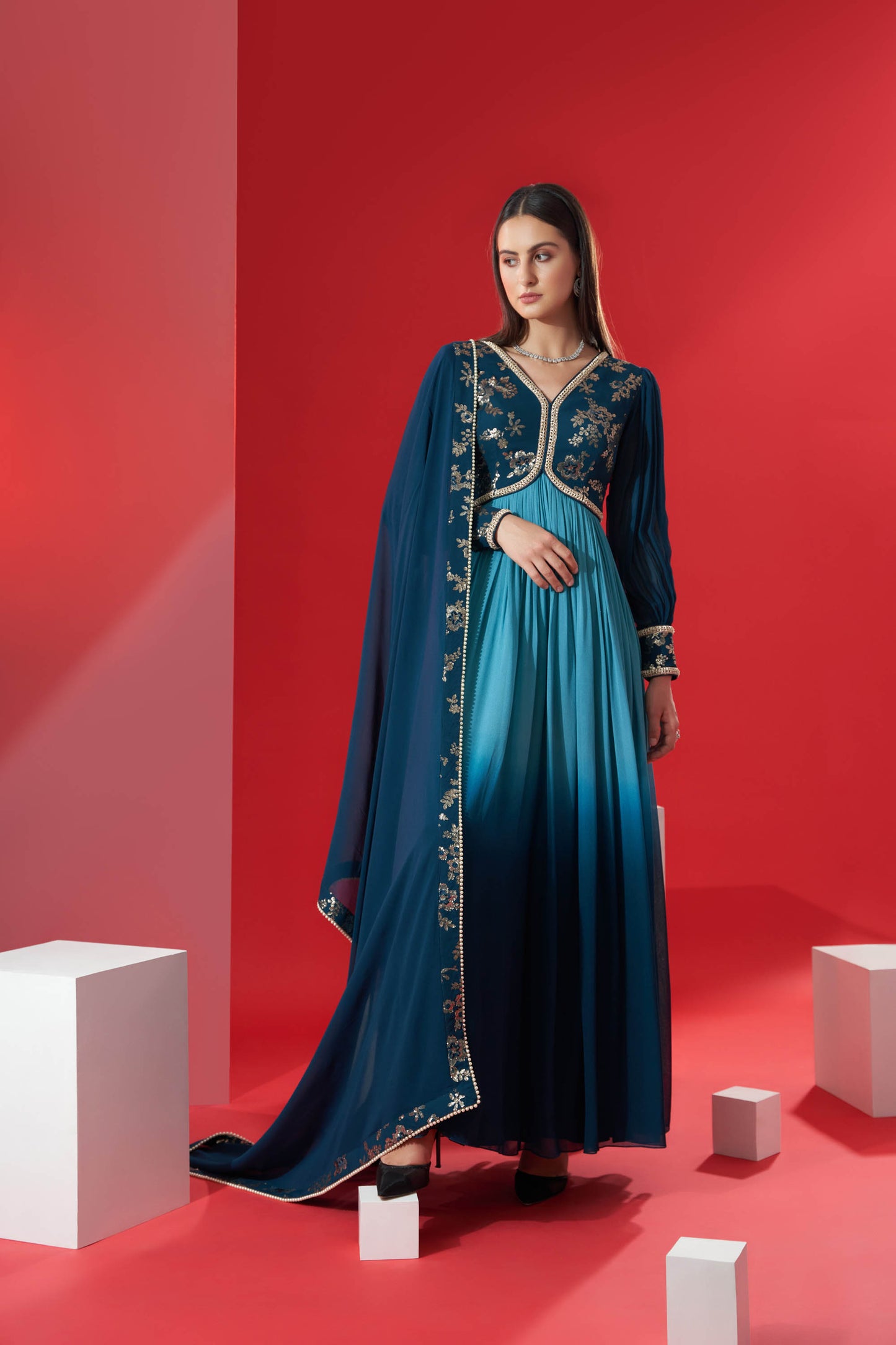 Teal Embroidered Anarkali Set