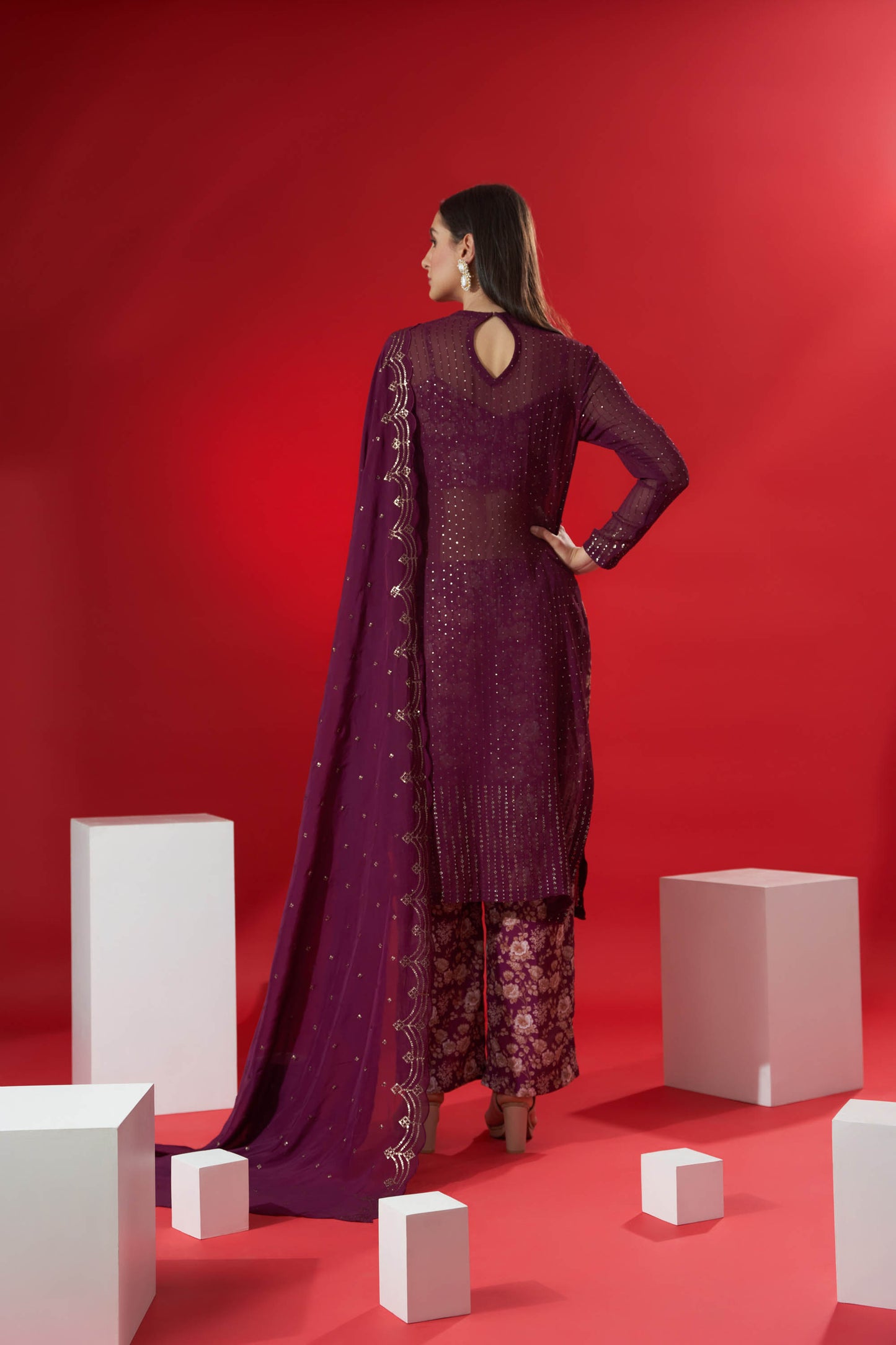 Wine Embroidered Kurta Set