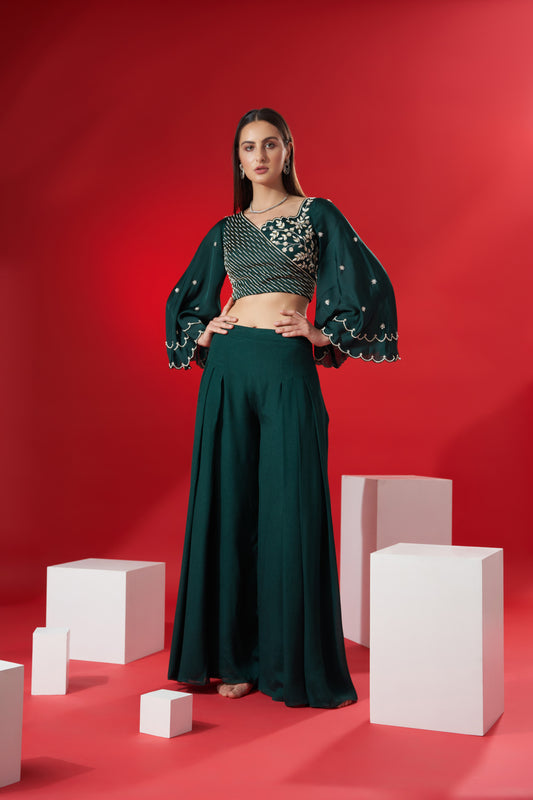 Green Satin Flared Pant Set