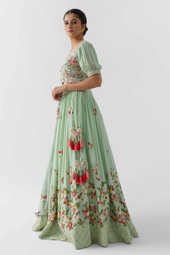 Sea Green Pearl Embroidered Lehenga Set