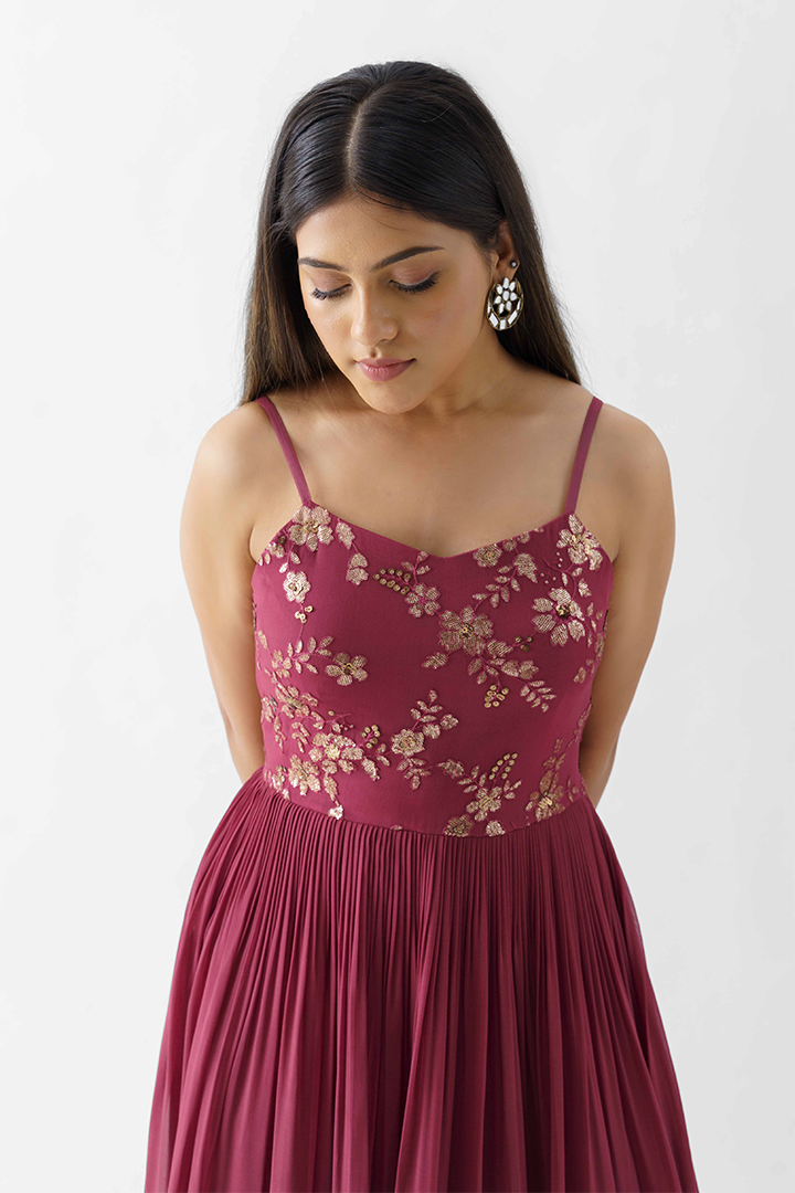 Wine Sequins Embroidered Dress