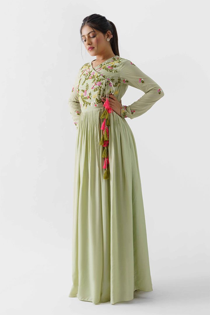 Green Pearl Embroidered Angrakha Dress