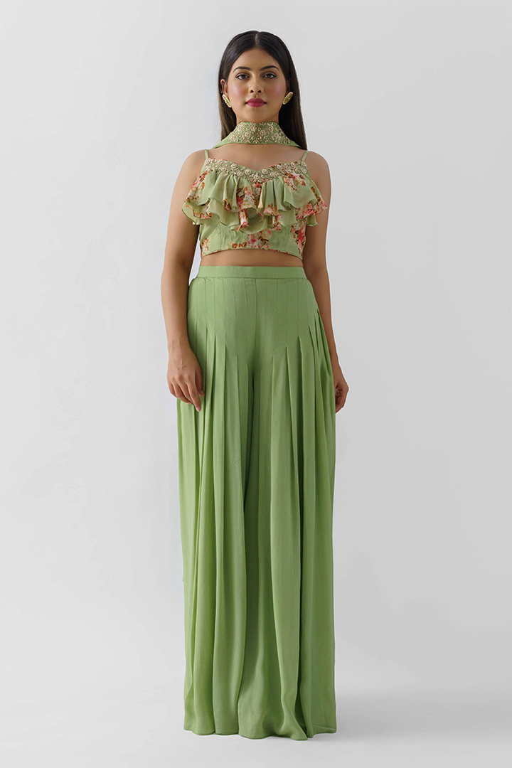 Green Pant Set In Georgette Crepe