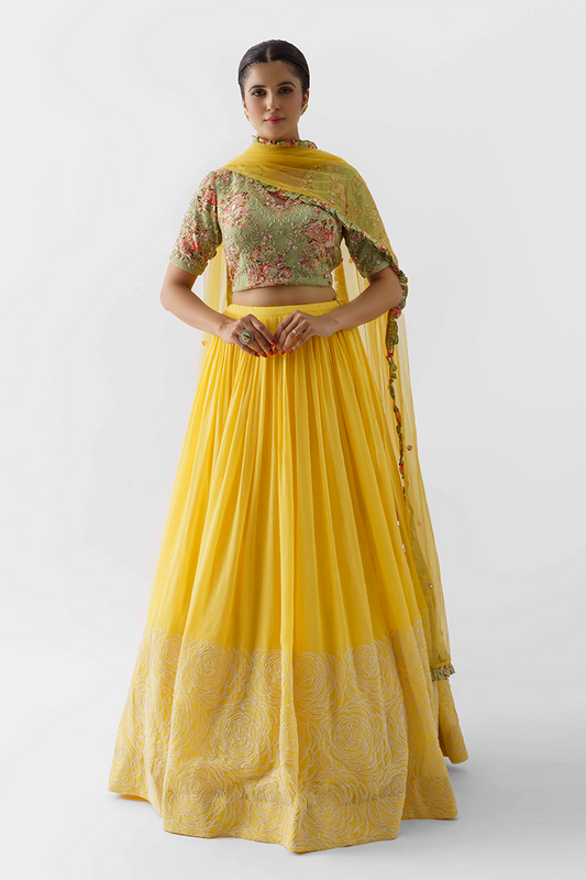 Yellow Hand Embroidered Lehenga Set