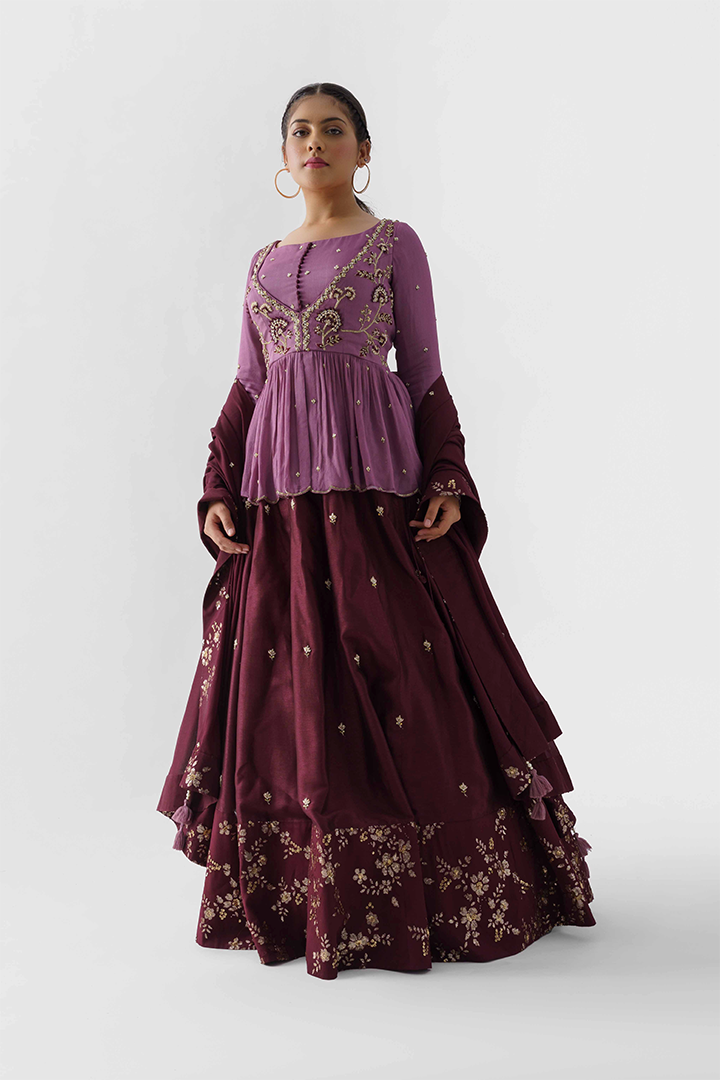 Wine & Mauve Sequins Embroidered Lehenga