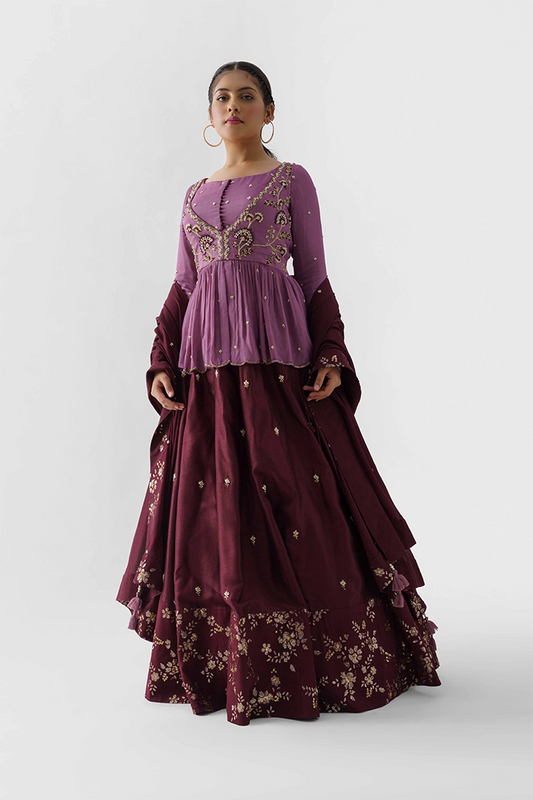 Wine & Mauve Sequins Embroidered Lehenga