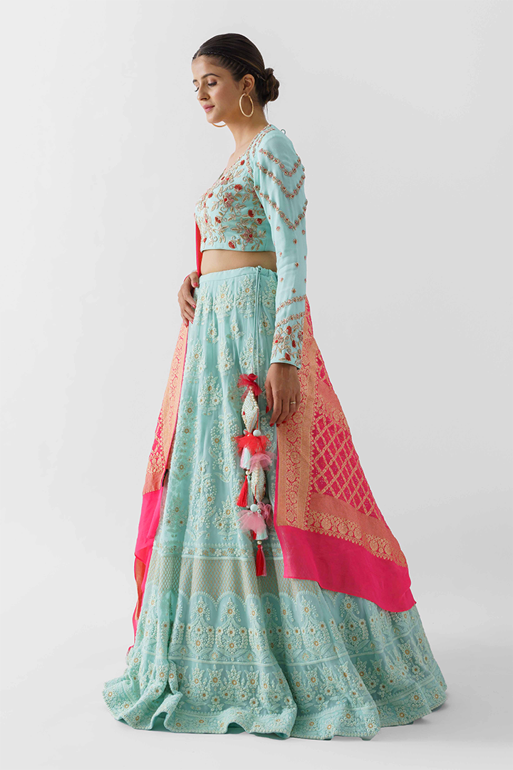 Powder Blue Thread Embroidered Lehenga Set