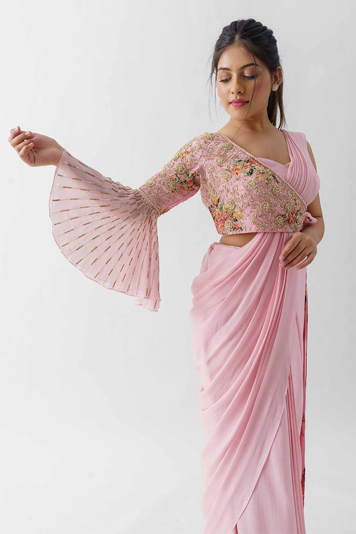 Blush Pink Pre-Draped Saree Set