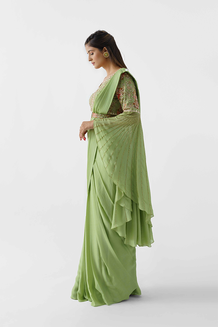 Green Hand Embroidered Pre-Draped Saree Set