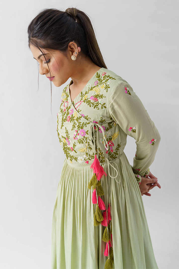 Green Pearl Embroidered Angrakha Dress