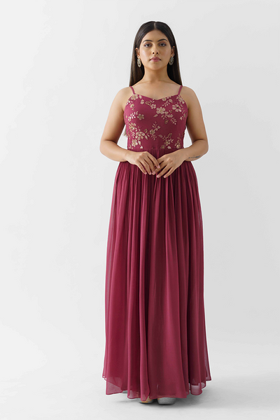 Wine Sequins Embroidered Dress