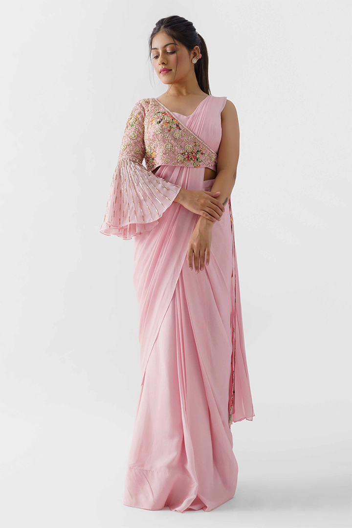 Blush Pink Pre-Draped Saree Set