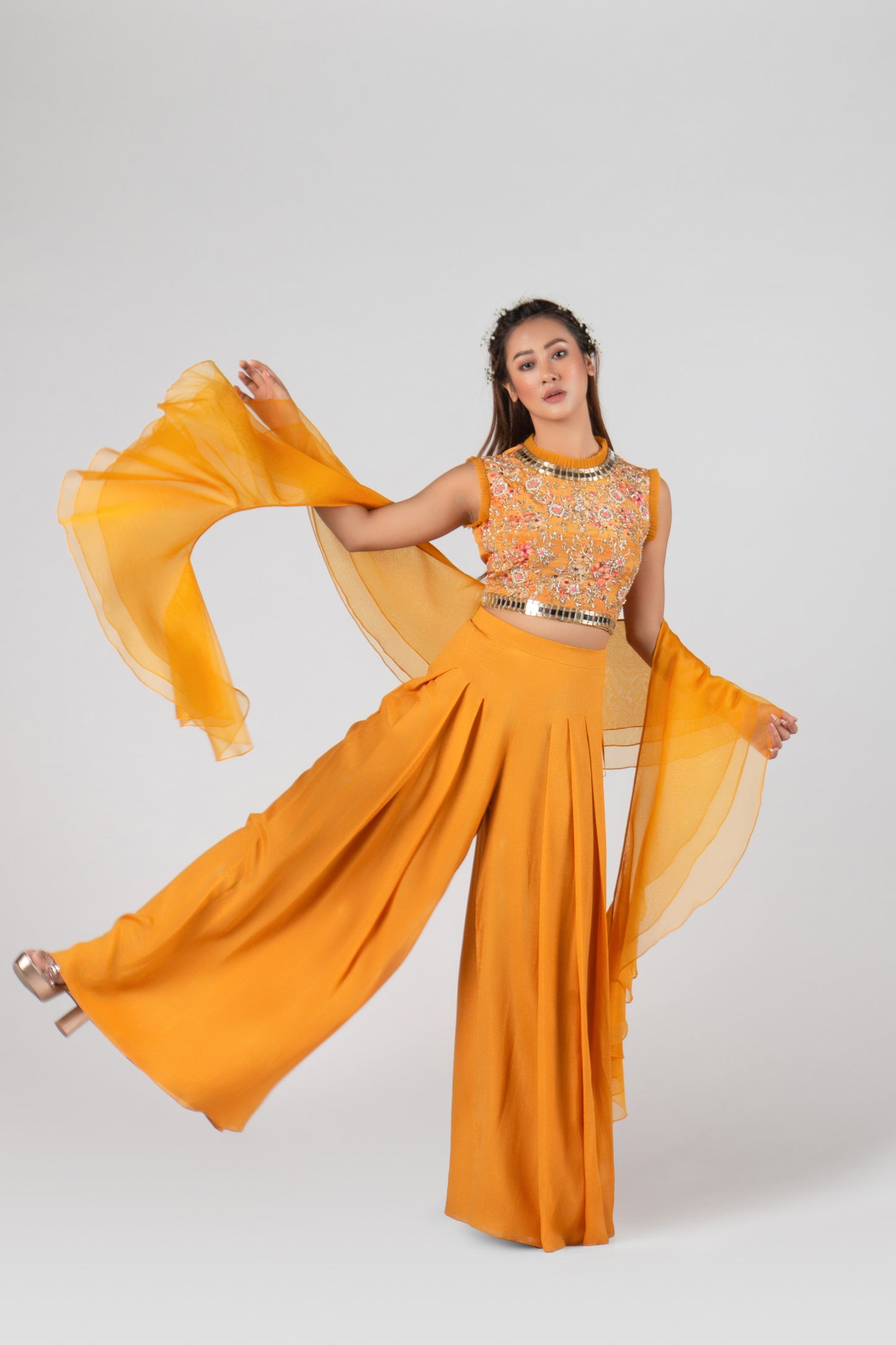 Mustard Georgette Crepe Flared Pant Set