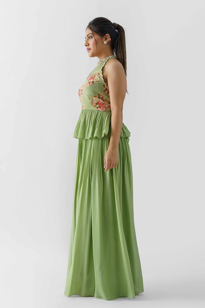 Pale Light Green Georgette Crepe Flared Pant Set