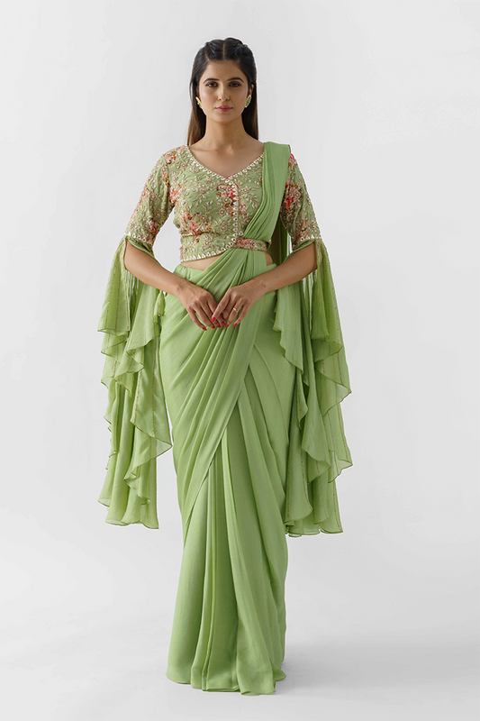 Green Hand Embroidered Pre-Draped Saree Set