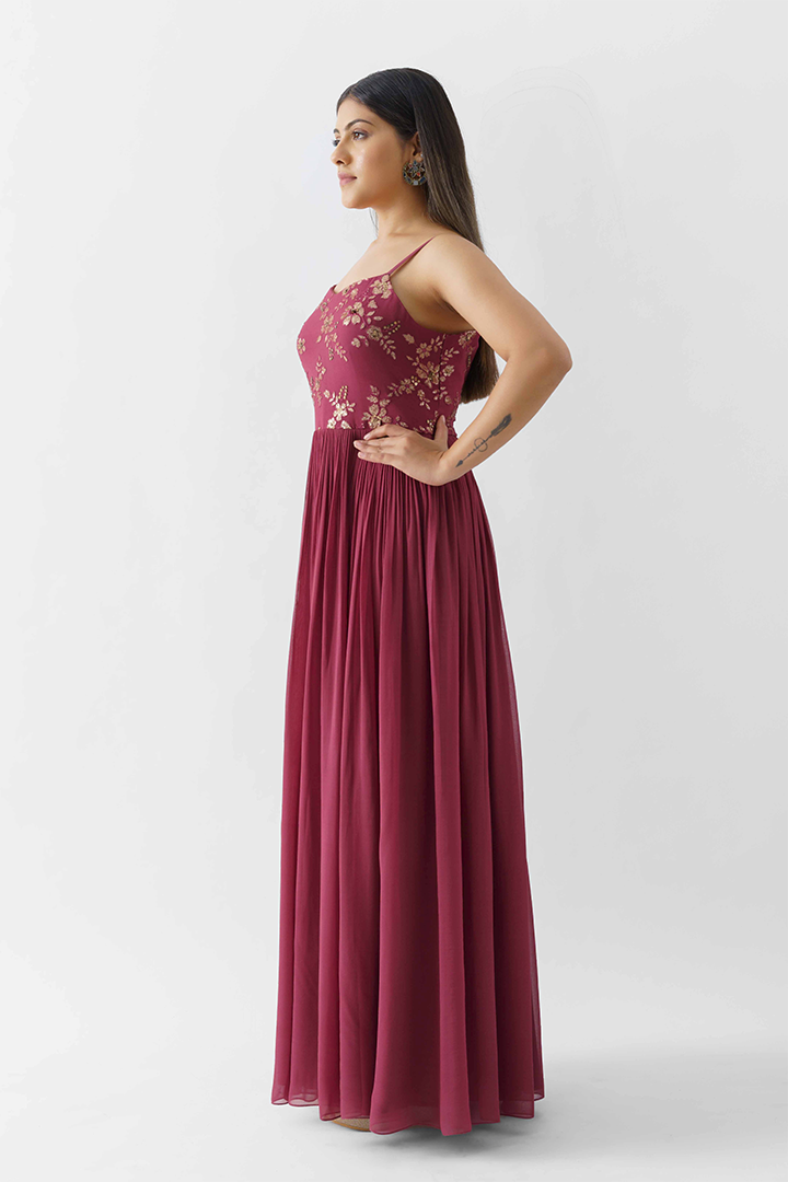 Wine Sequins Embroidered Dress