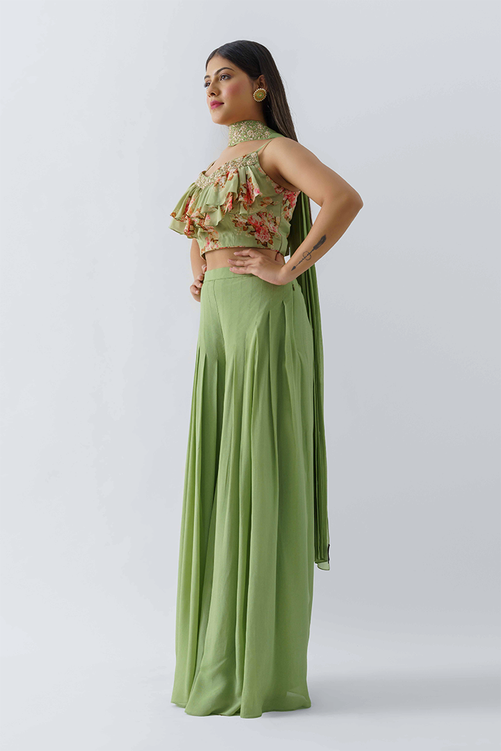 Green Pant Set In Georgette Crepe