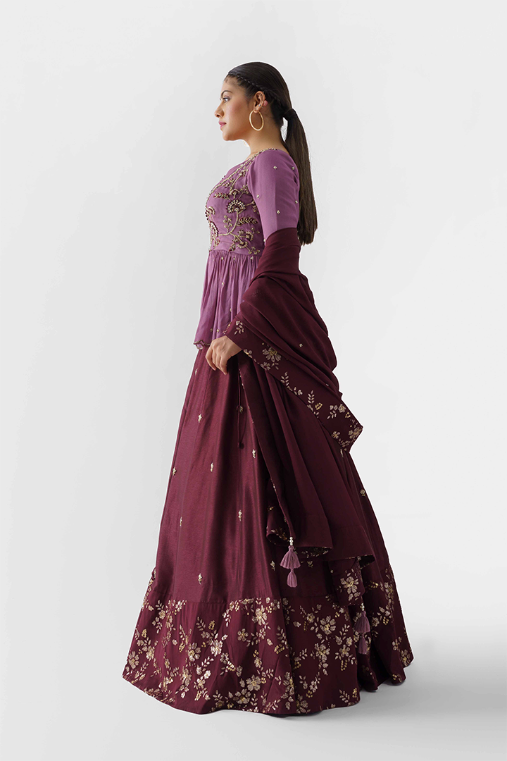 Wine & Mauve Sequins Embroidered Lehenga