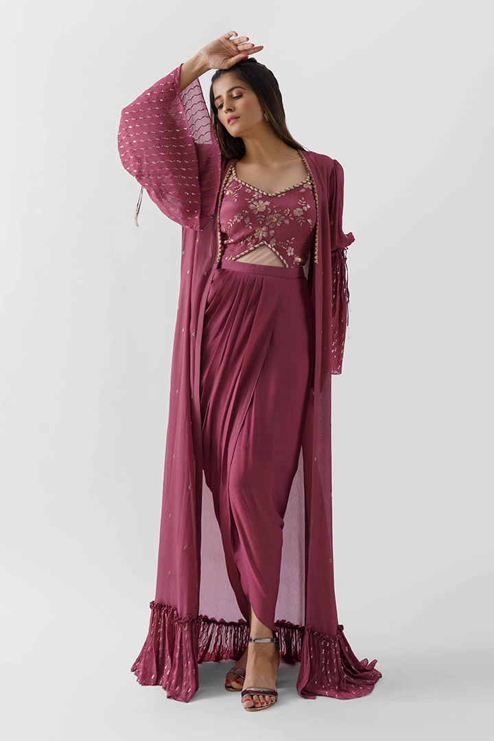 Wine Embroidered draped Dress With Jacket