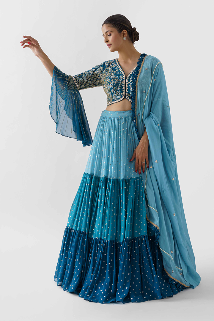 Blue Embroidered Layered Lehenga