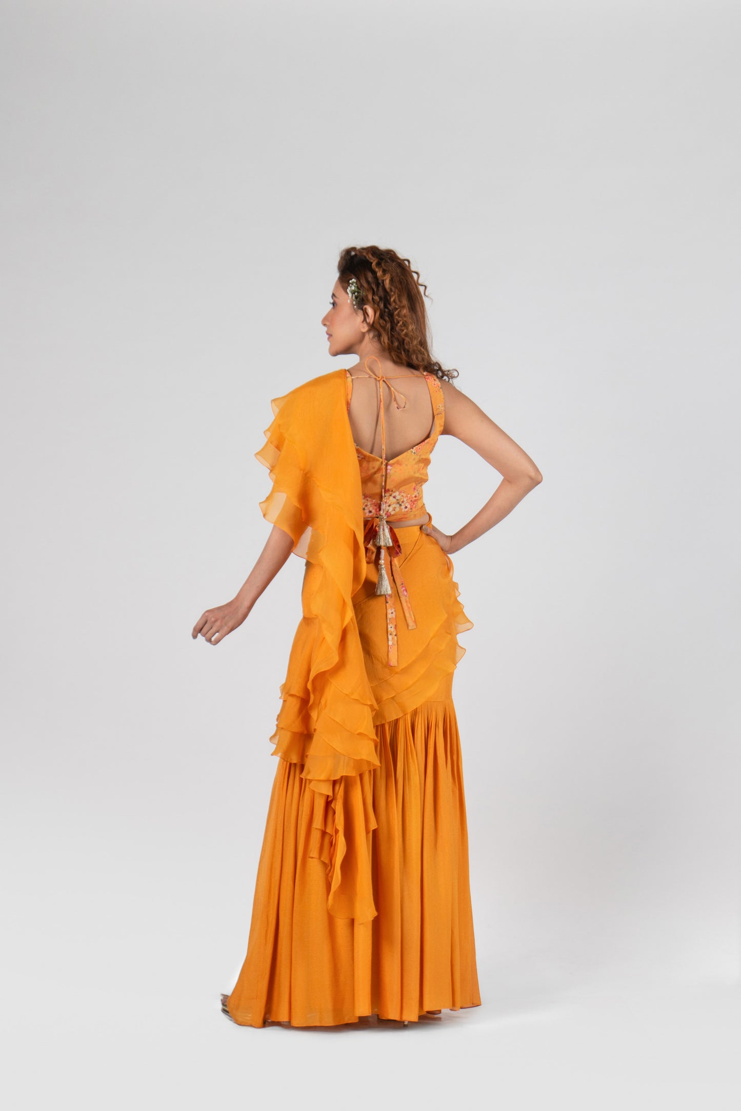 Mustard Pre-Draped Pant Saree Set