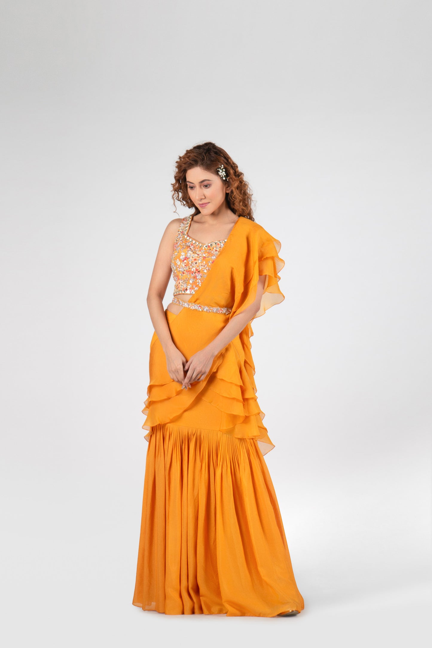 Mustard Pre-Draped Pant Saree Set