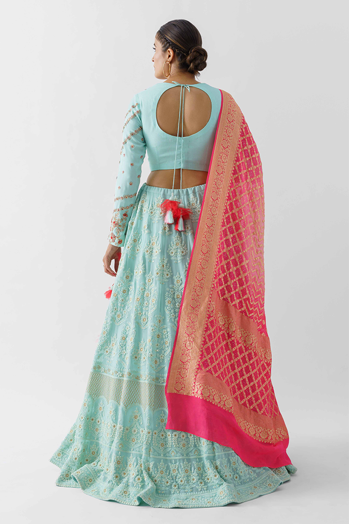 Powder Blue Thread Embroidered Lehenga Set