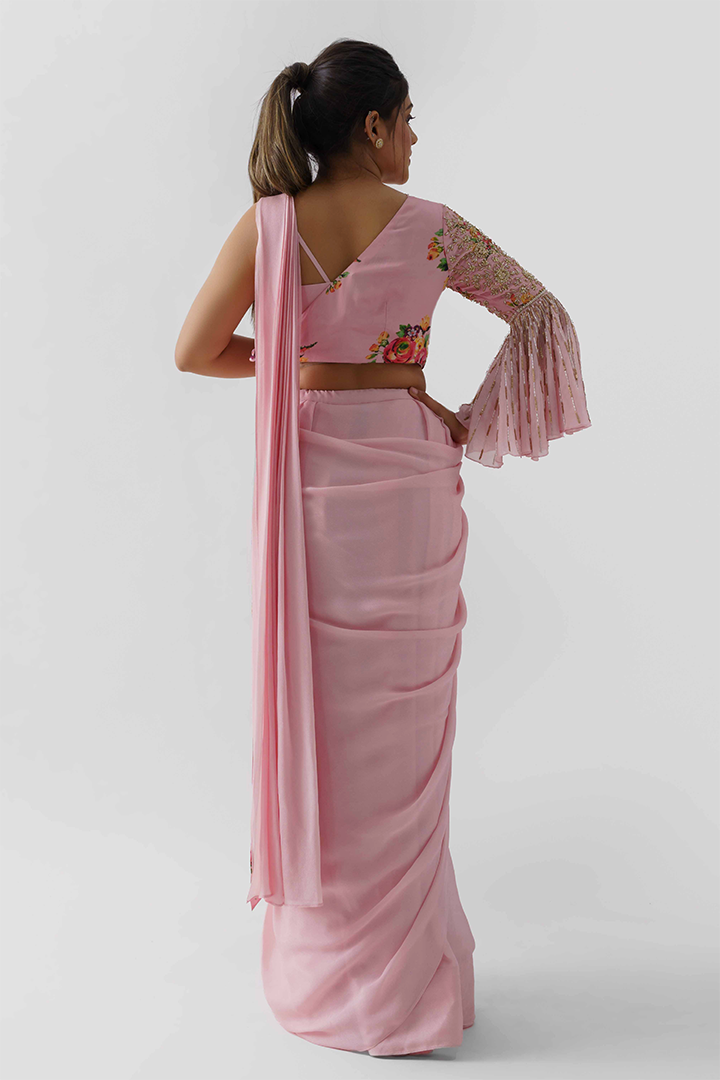 Blush Pink Pre-Draped Saree Set