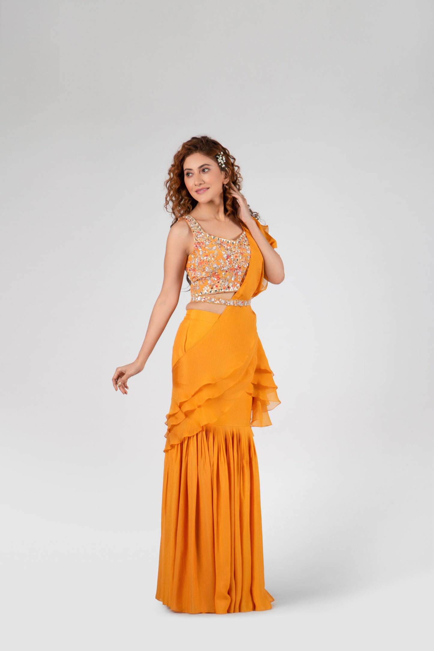 Mustard Pre-Draped Pant Saree Set