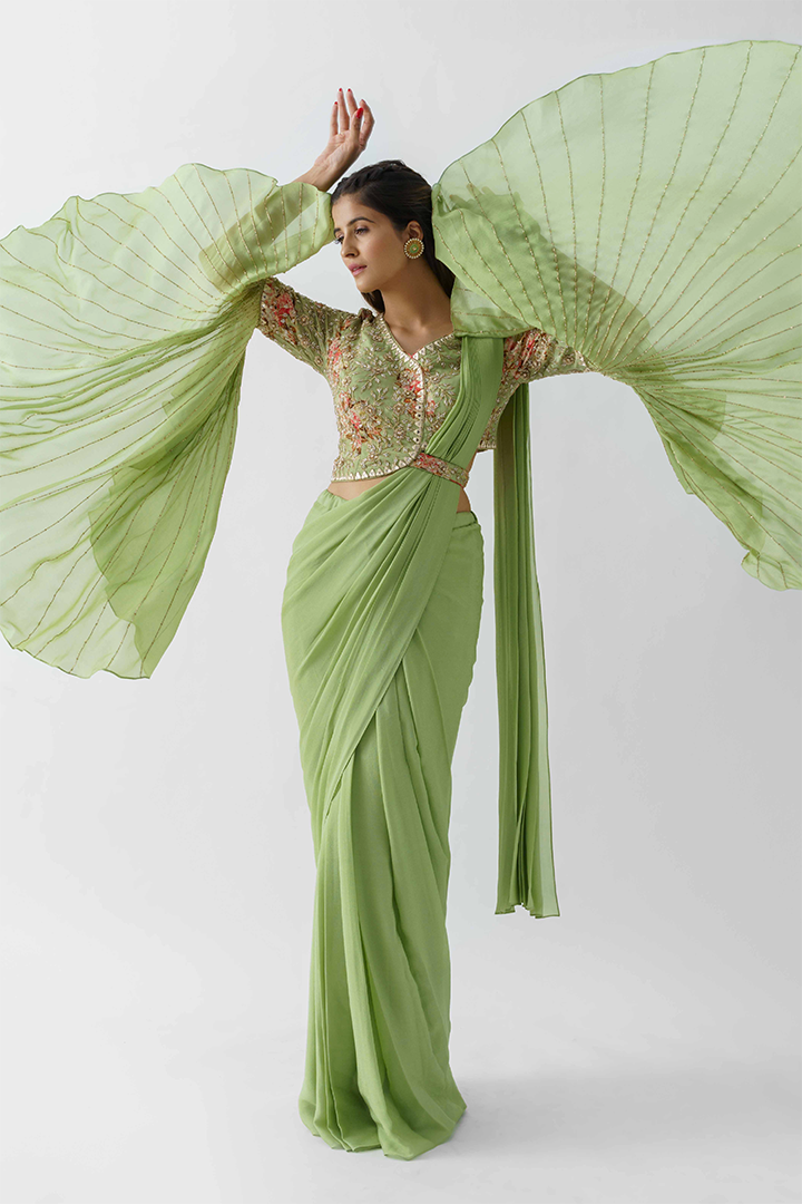 Green Hand Embroidered Pre-Draped Saree Set