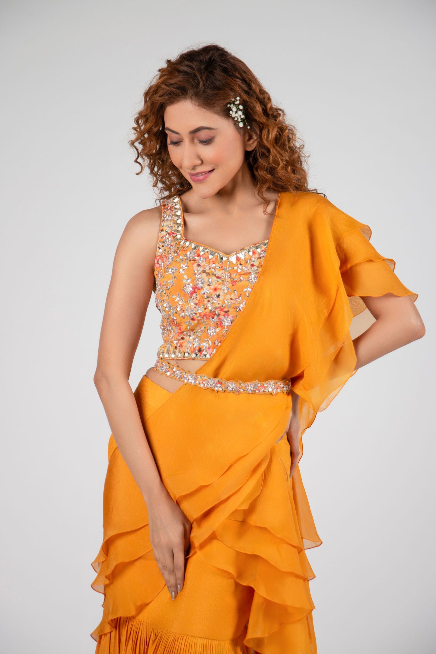 Mustard Pre-Draped Pant Saree Set