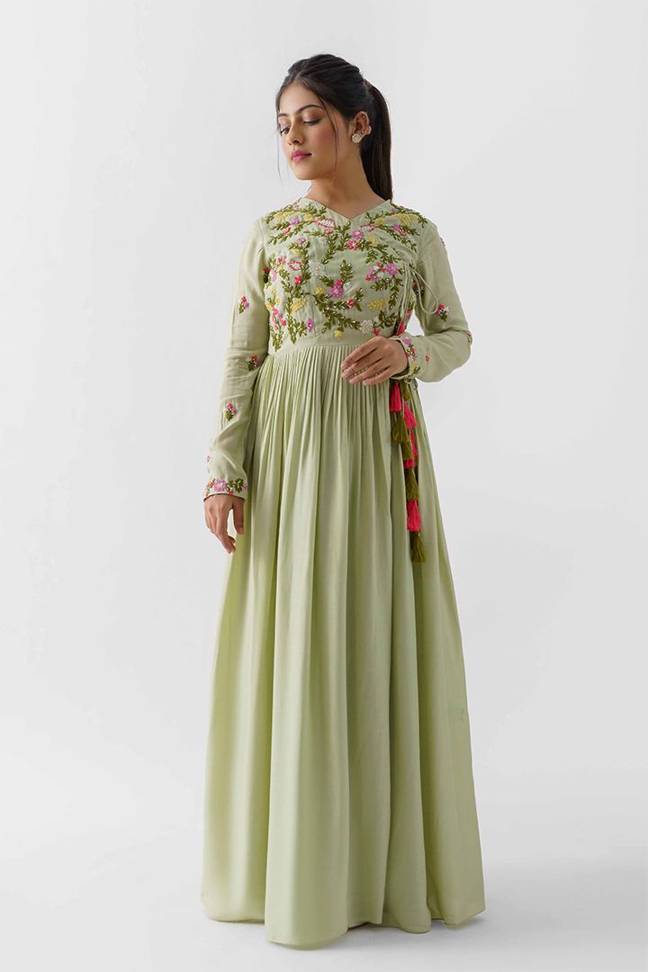 Green Pearl Embroidered Angrakha Dress