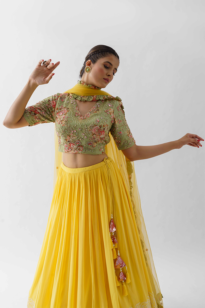 Yellow Hand Embroidered Lehenga Set