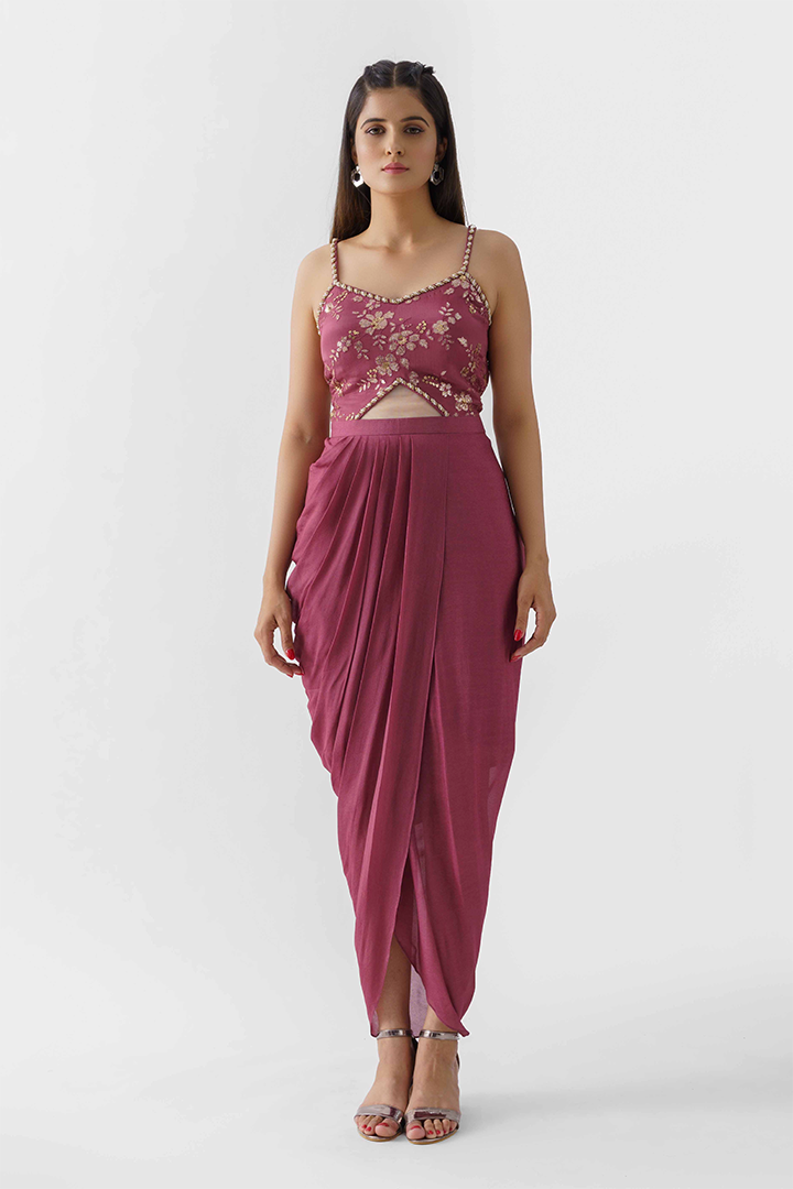 Wine Embroidered draped Dress With Jacket