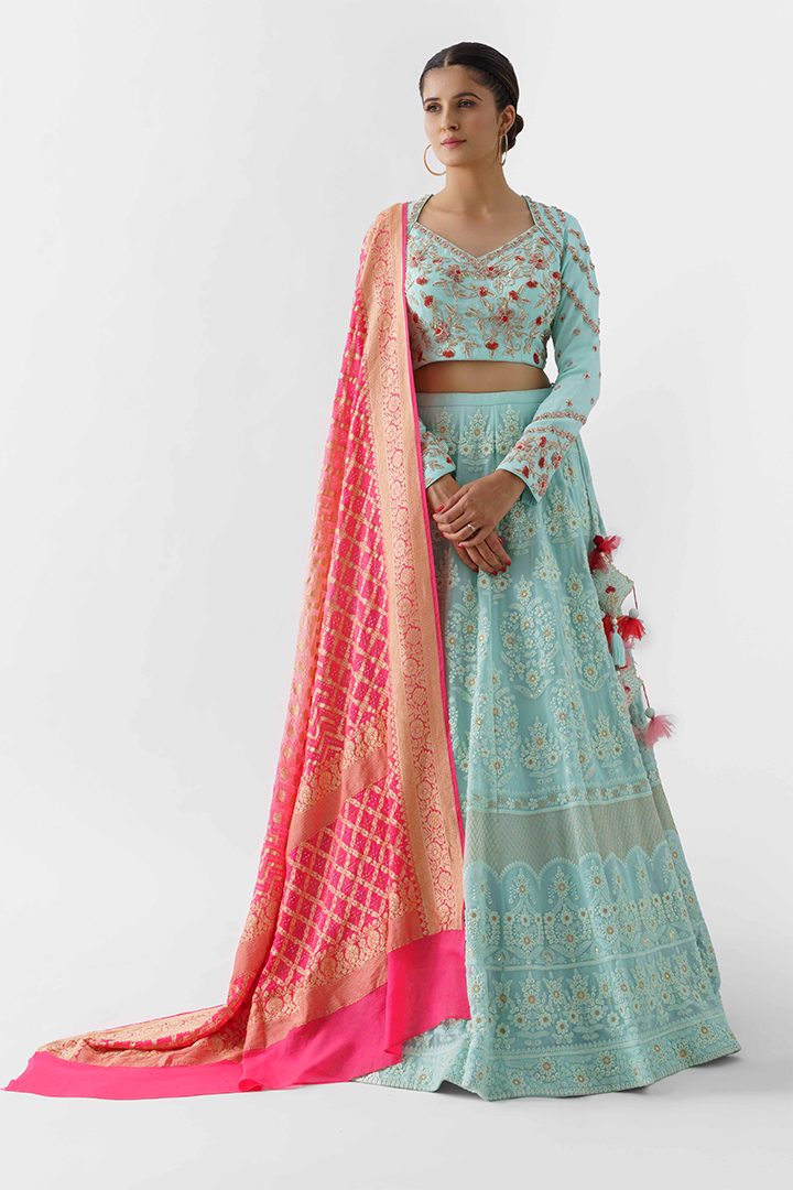 Powder Blue Thread Embroidered Lehenga Set